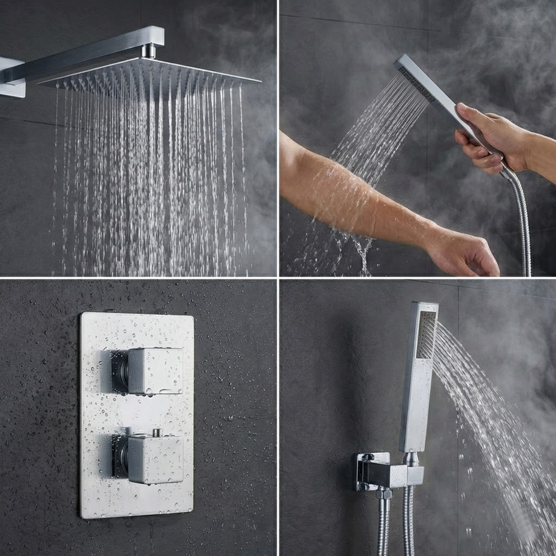2-Way Square Concealed Thermostatic Mixer Shower Dual Dial, Twin Head – Chrome