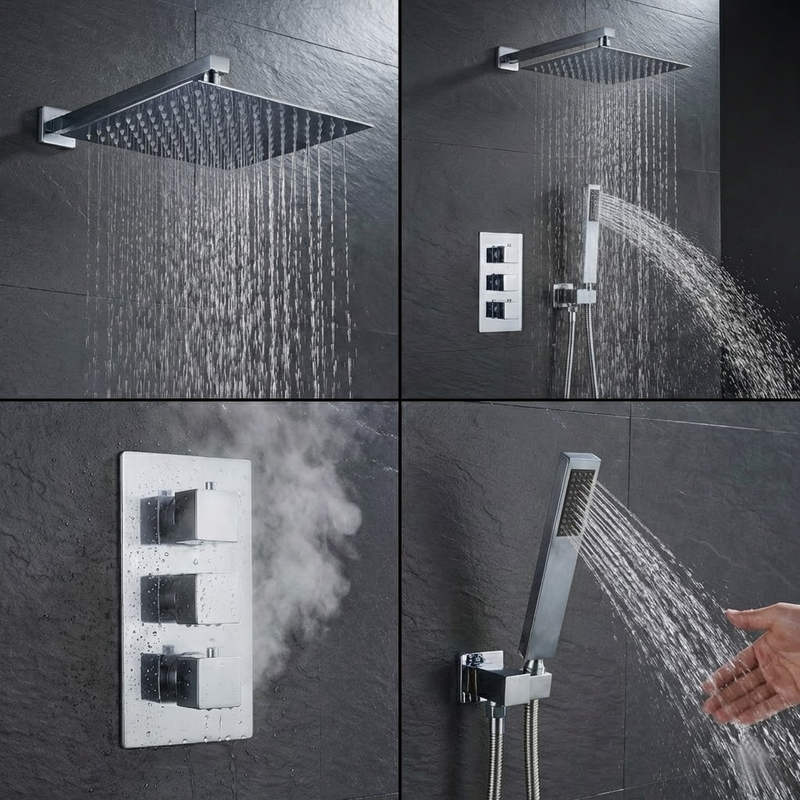 Square Concealed Thermostatic Shower Mixer 3 Dial Twin Head with Valve, Handset & Shower Waste – Chrome