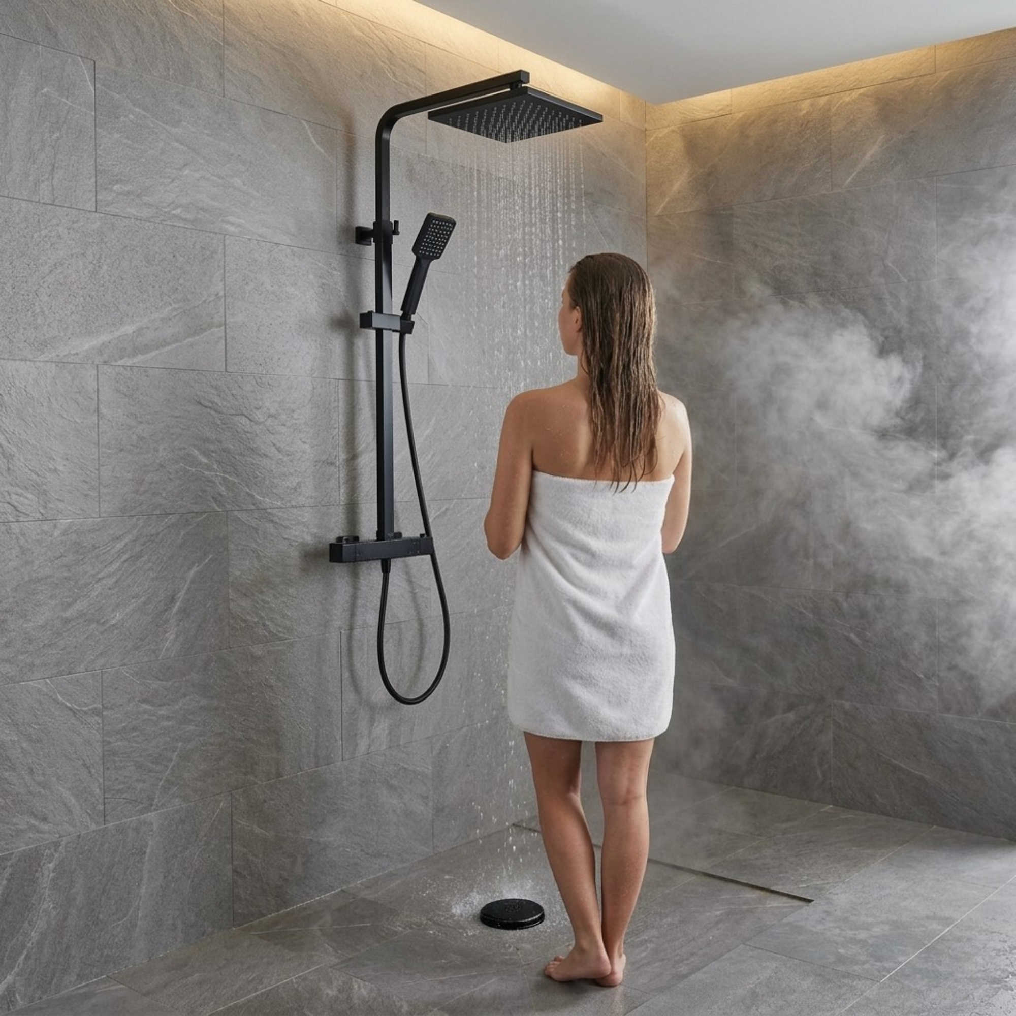 Bathroom Square Thermostatic Mixer Shower with Riser Rail, Shower Waste & Twin head - Back