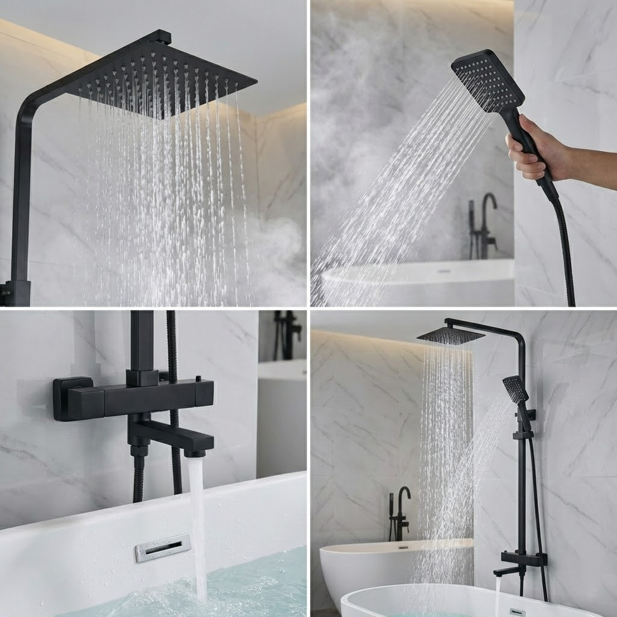 Modern Square Thermostatic Shower  with Filler – Matte Black