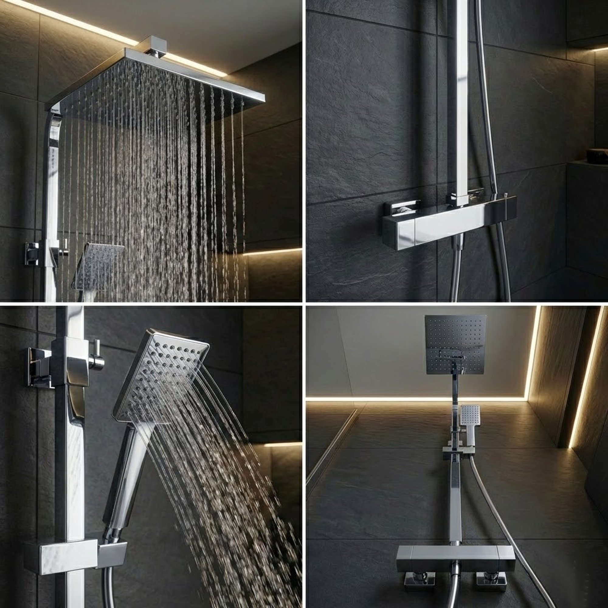 ARKO Bathroom Square Thermostatic Mixer Shower with Riser Rail, Shower Waste & Twin head - Chrome