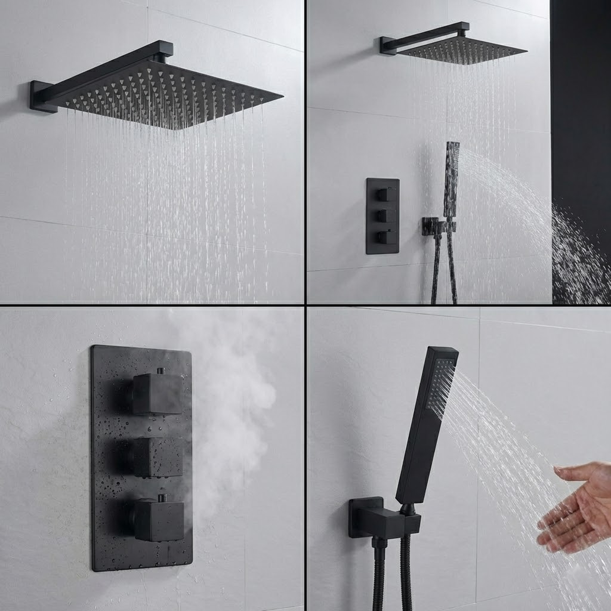 Square Concealed Thermostatic Shower Mixer 3 Dial Twin Head with Valve, Handset & Shower Waste – Black