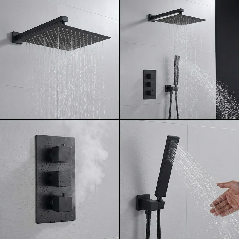 Square Concealed Thermostatic Shower Mixer 3 Dial Twin Head with Valve, Handset & Shower Waste – Black