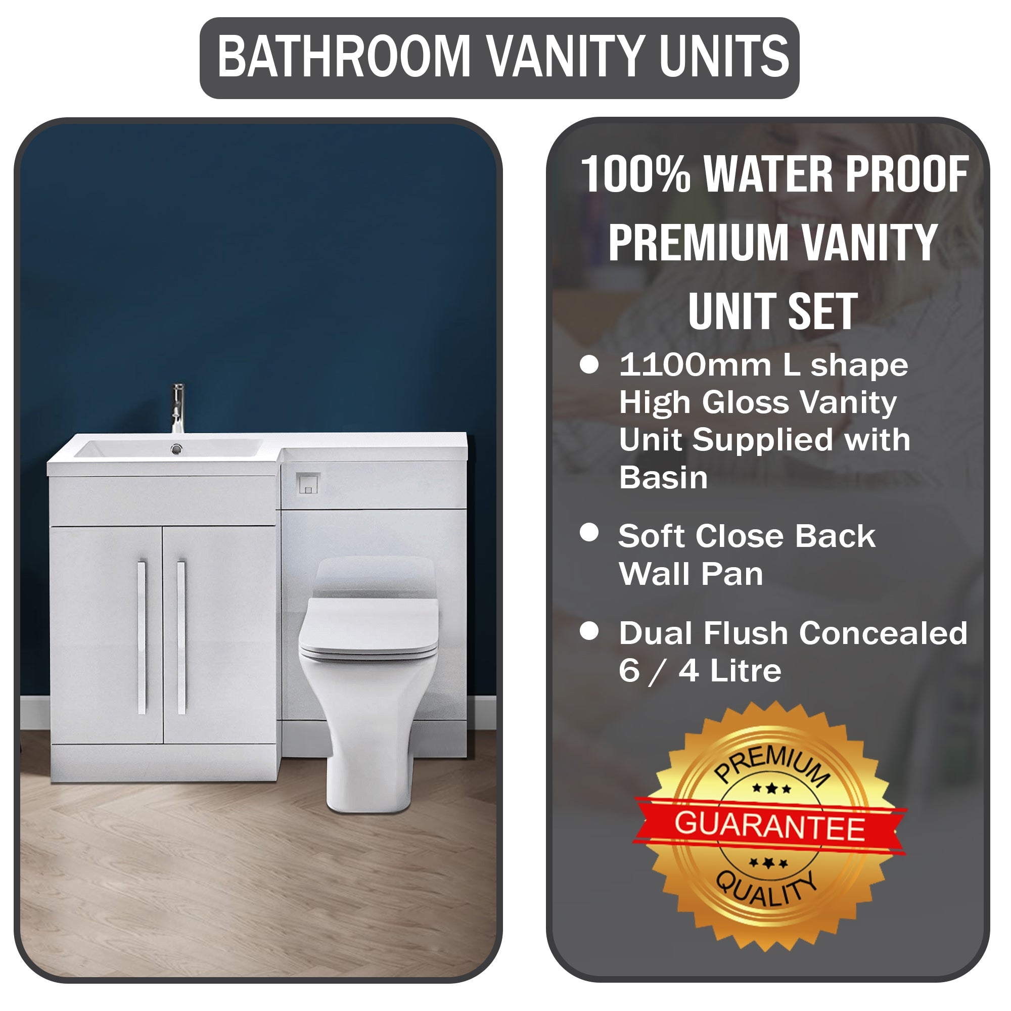 Tana 1100mm Bathroom Vanity Unit Set Basin Sink Toilet WC Right Hand Furniture Storage - White