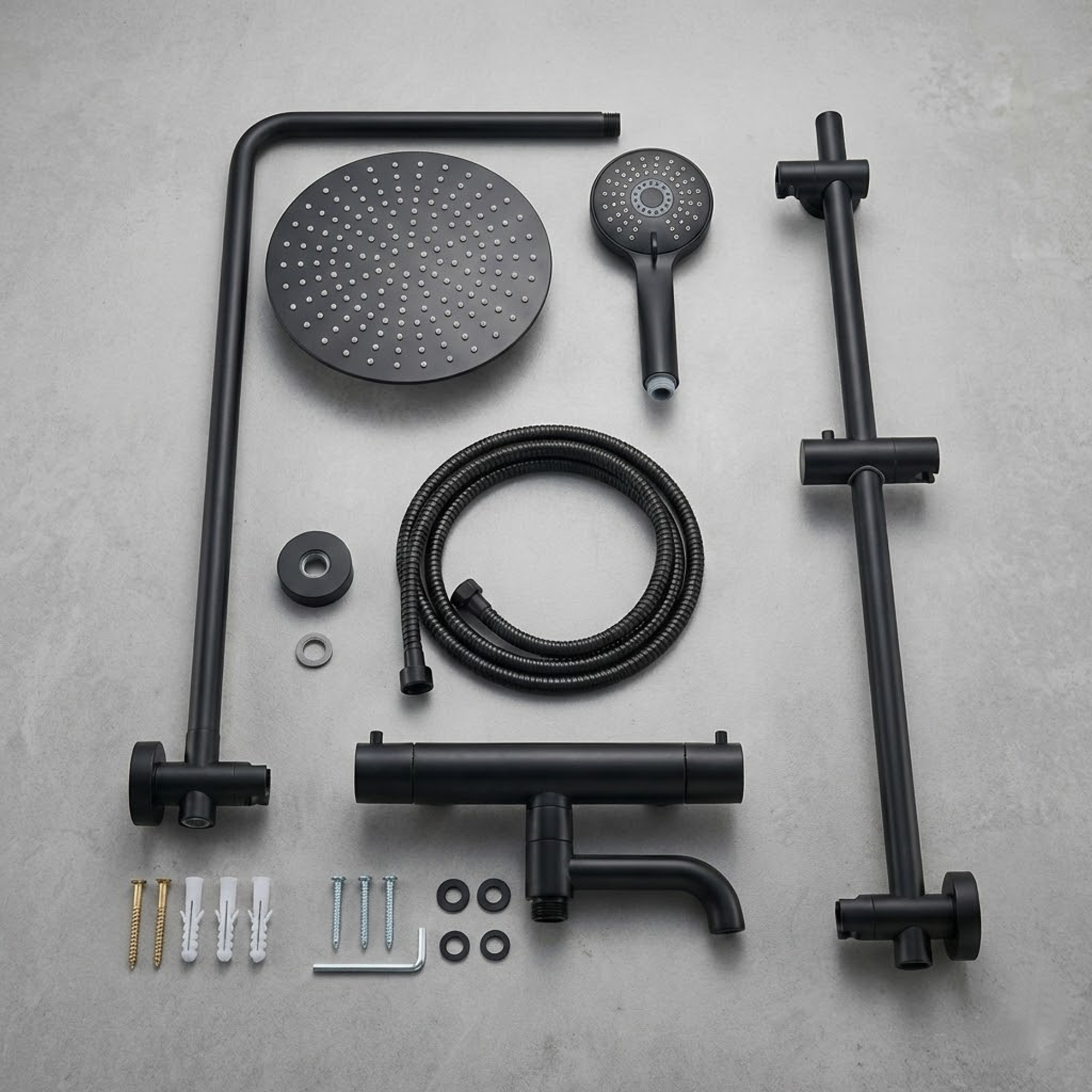 Modern Round Thermostatic Shower with Filler – Matt Black