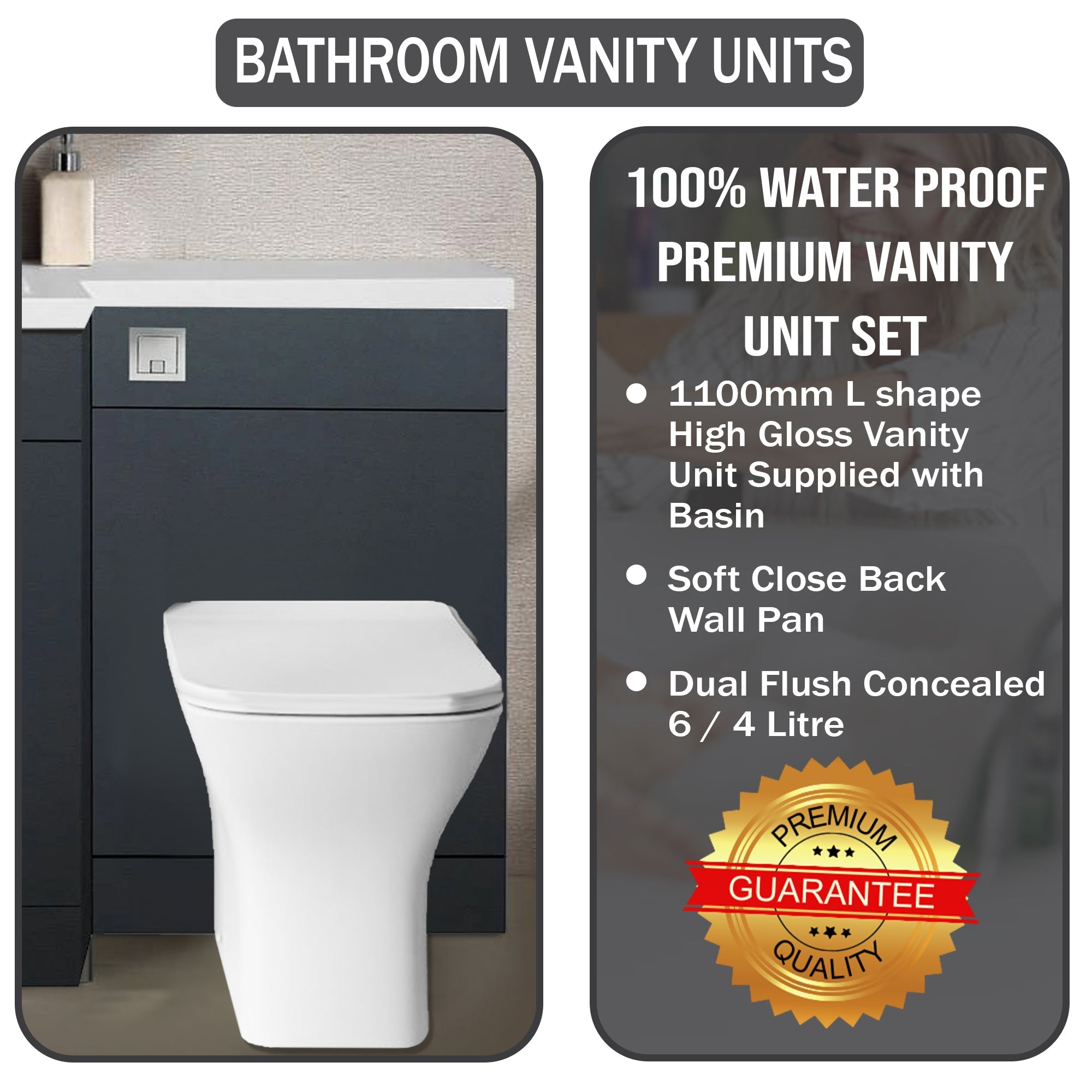 Tana 1100mm Bathroom Vanity Unit Set Basin Sink Toilet WC Right Hand Furniture Storage - Anthracite