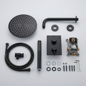 ARKO Round Concealed Thermostatic Shower Mixer 2 Dial Twin Head with Valve, Handset & Shower Waste – Black