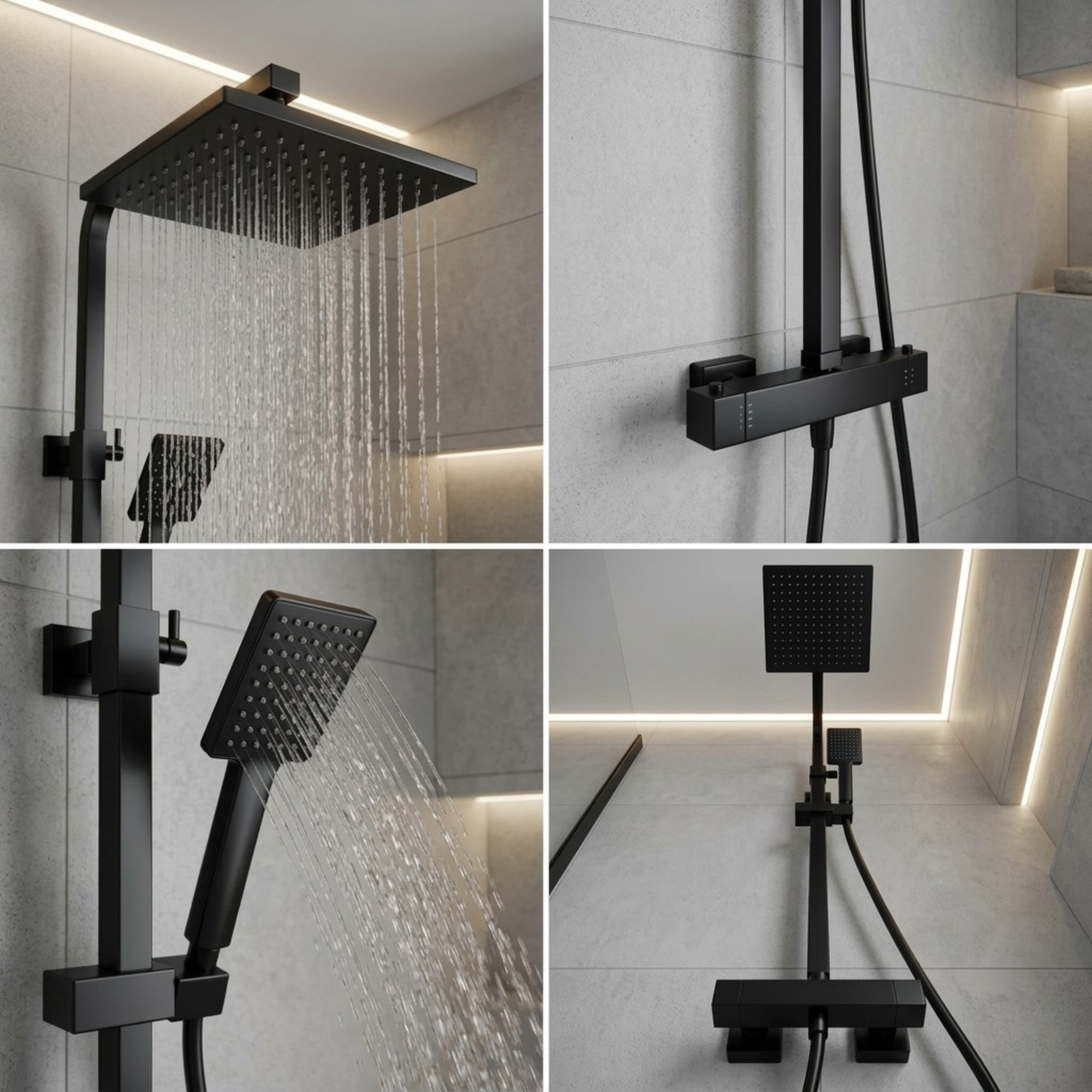 Bathroom Square Thermostatic Mixer Shower with Riser Rail, Shower Waste & Twin head - Back