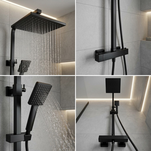 Bathroom Square Thermostatic Mixer Shower with Riser Rail, Shower Waste & Twin head - Back