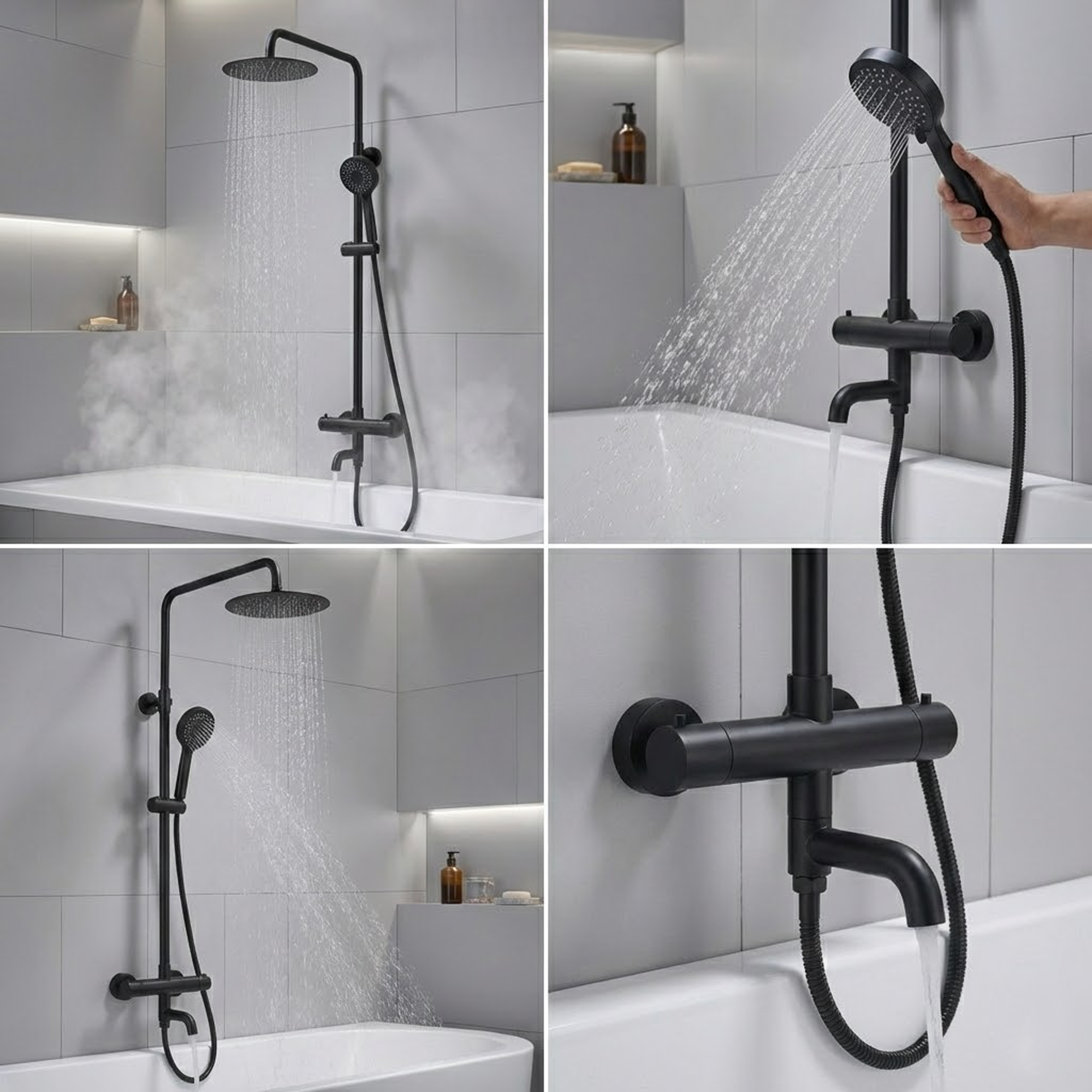 Modern Round Thermostatic Shower with Filler – Matt Black