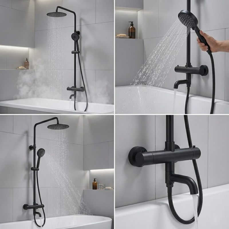 Modern Round Thermostatic Shower with Filler – Matt Black