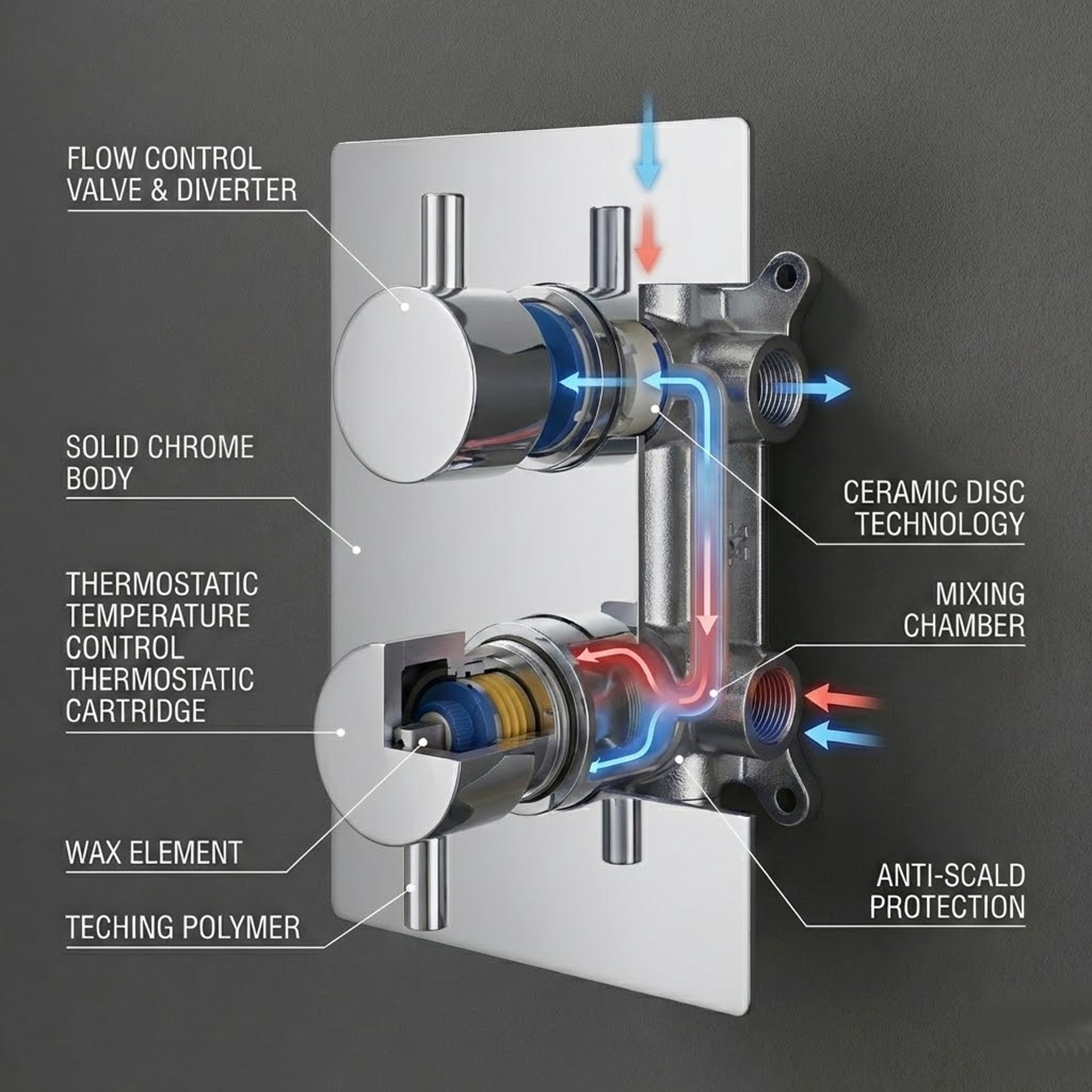 Round Concealed Thermostatic Shower Mixer 2 Dial Twin Head with Valve, Handset & Shower Waste – Chrome