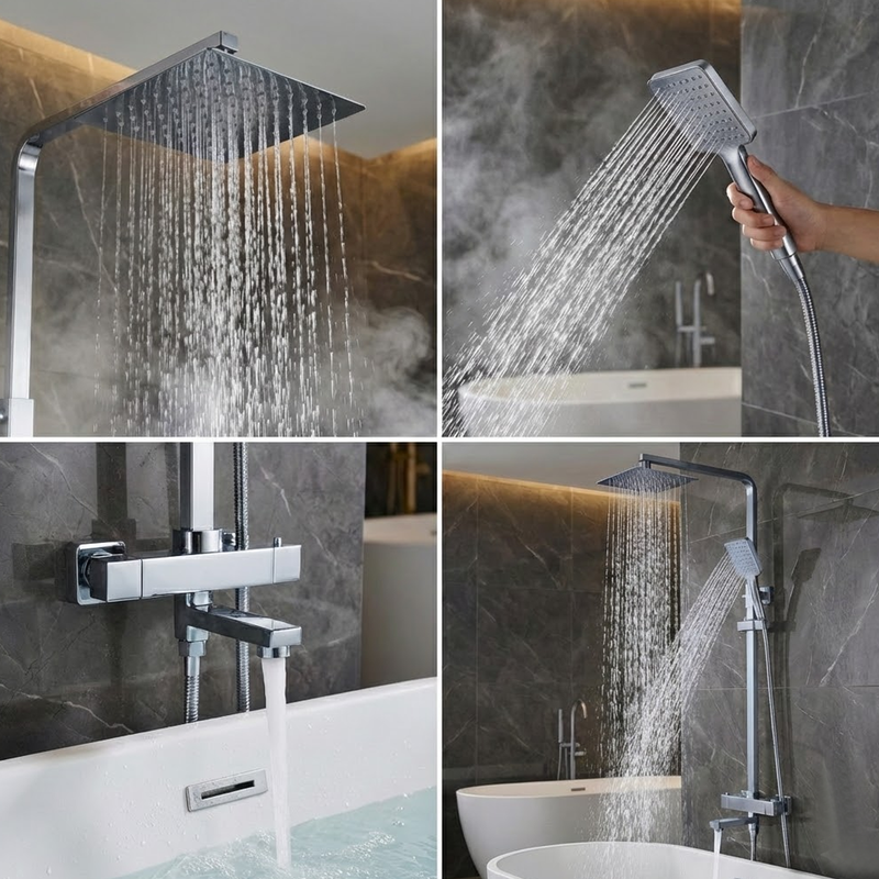 Modern Square Thermostatic Shower  with Filler – Chrome