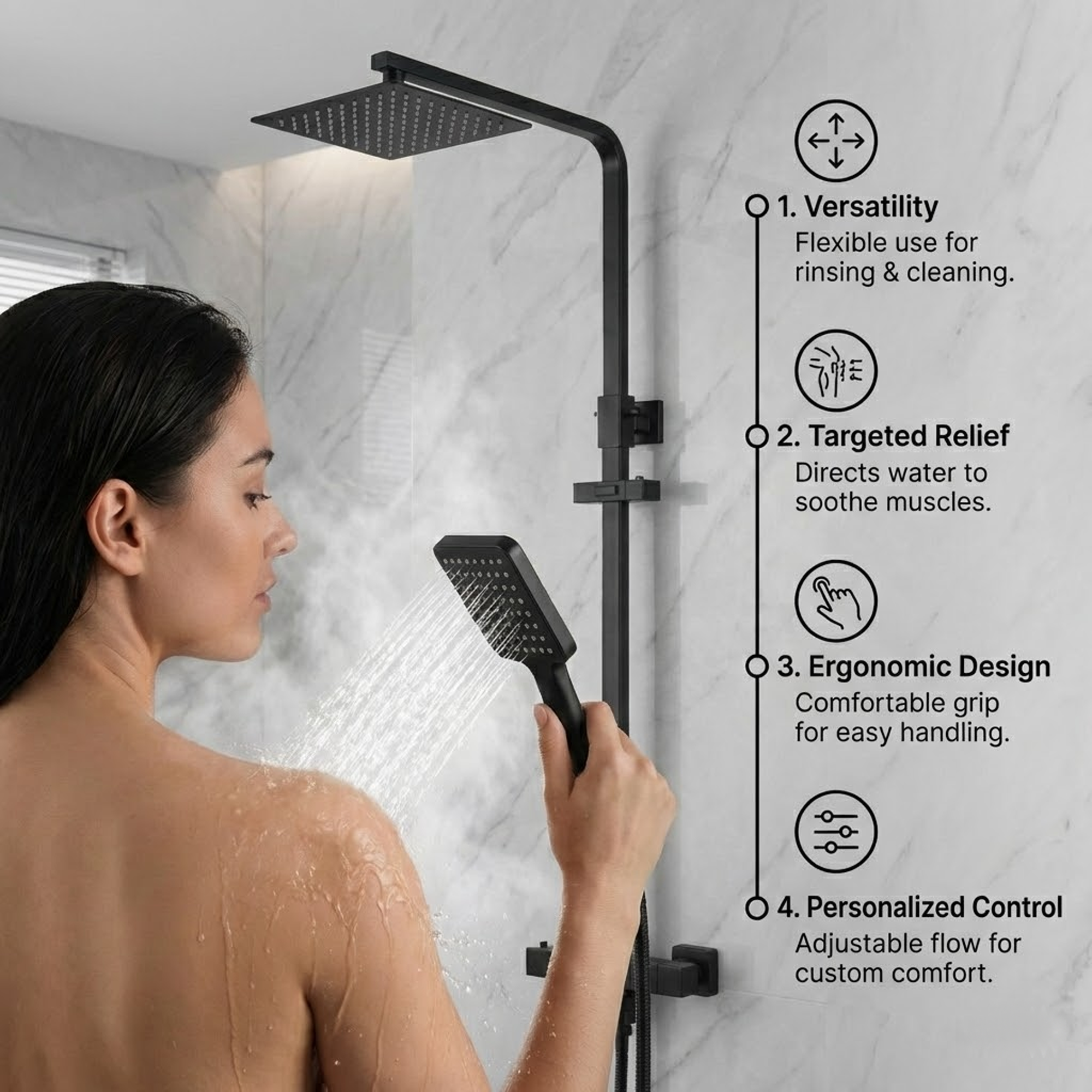 Modern Square Thermostatic Shower  with Filler – Matte Black