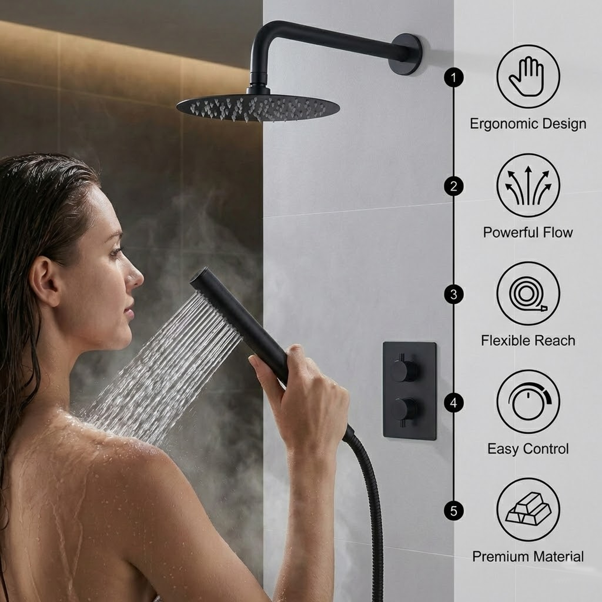 ARKO Round Concealed Thermostatic Shower Mixer 2 Dial Twin Head with Valve, Handset & Shower Waste – Black