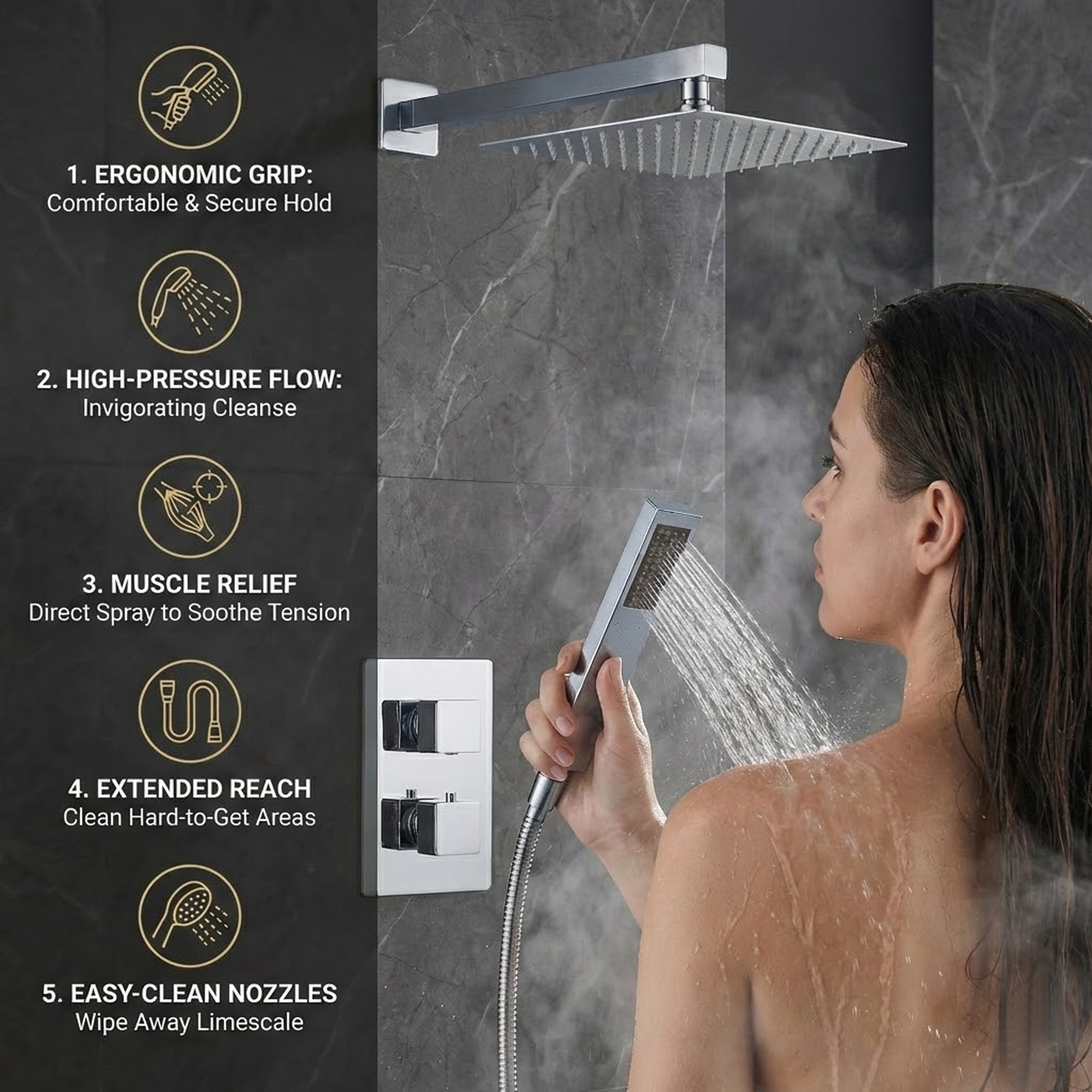 2-Way Square Concealed Thermostatic Mixer Shower Dual Dial, Twin Head – Chrome