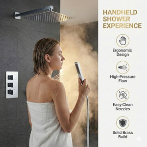 Square Concealed Thermostatic Shower Mixer 3 Dial Twin Head with Valve, Handset & Shower Waste – Chrome