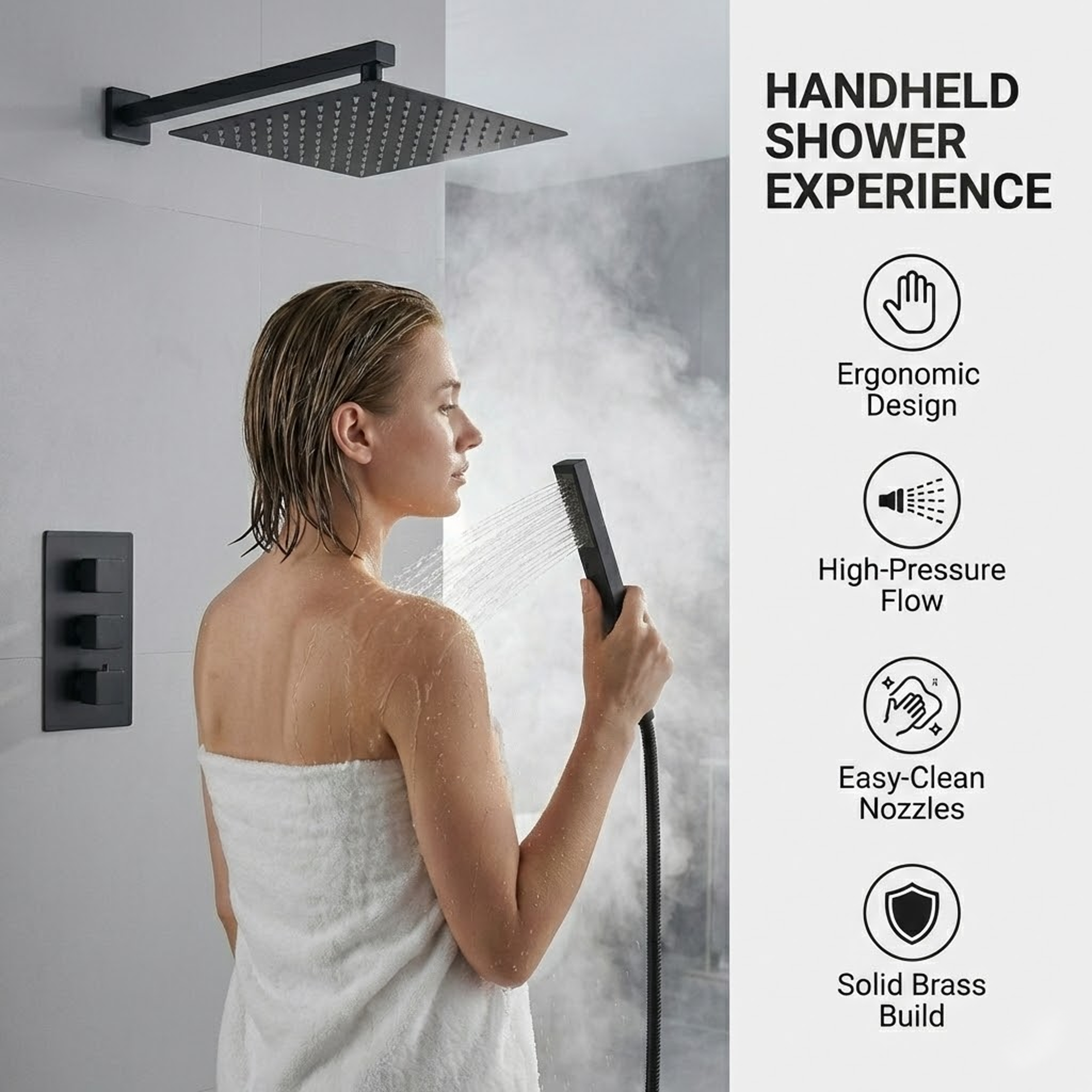 Square Concealed Thermostatic Shower Mixer 3 Dial Twin Head with Valve, Handset & Shower Waste – Black