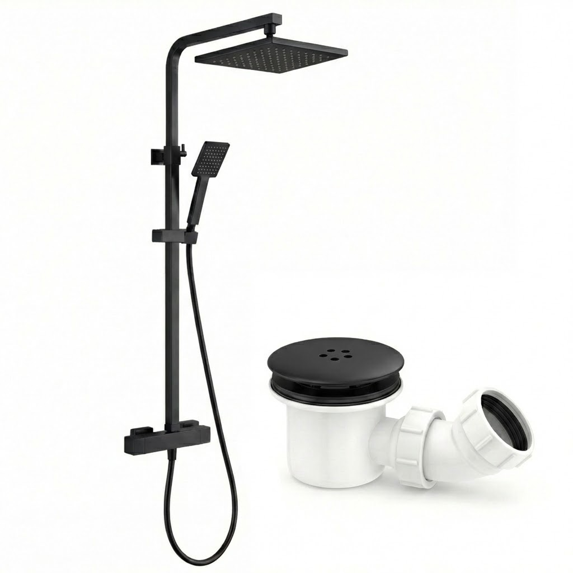 Bathroom Square Thermostatic Mixer Shower with Riser Rail, Shower Waste & Twin head - Back