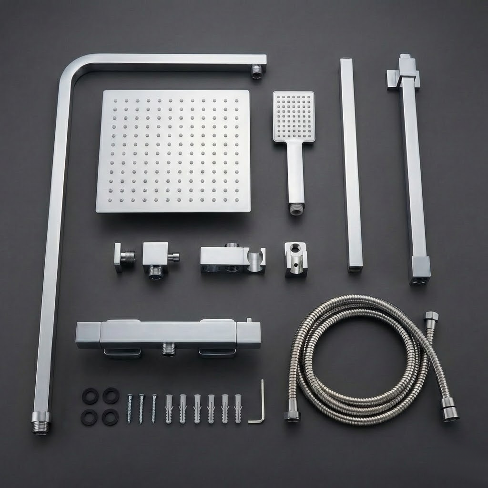 ARKO Bathroom Square Thermostatic Mixer Shower with Riser Rail, Shower Waste & Twin head - Chrome
