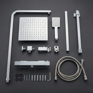 ARKO Bathroom Square Thermostatic Mixer Shower with Riser Rail, Shower Waste & Twin head - Chrome