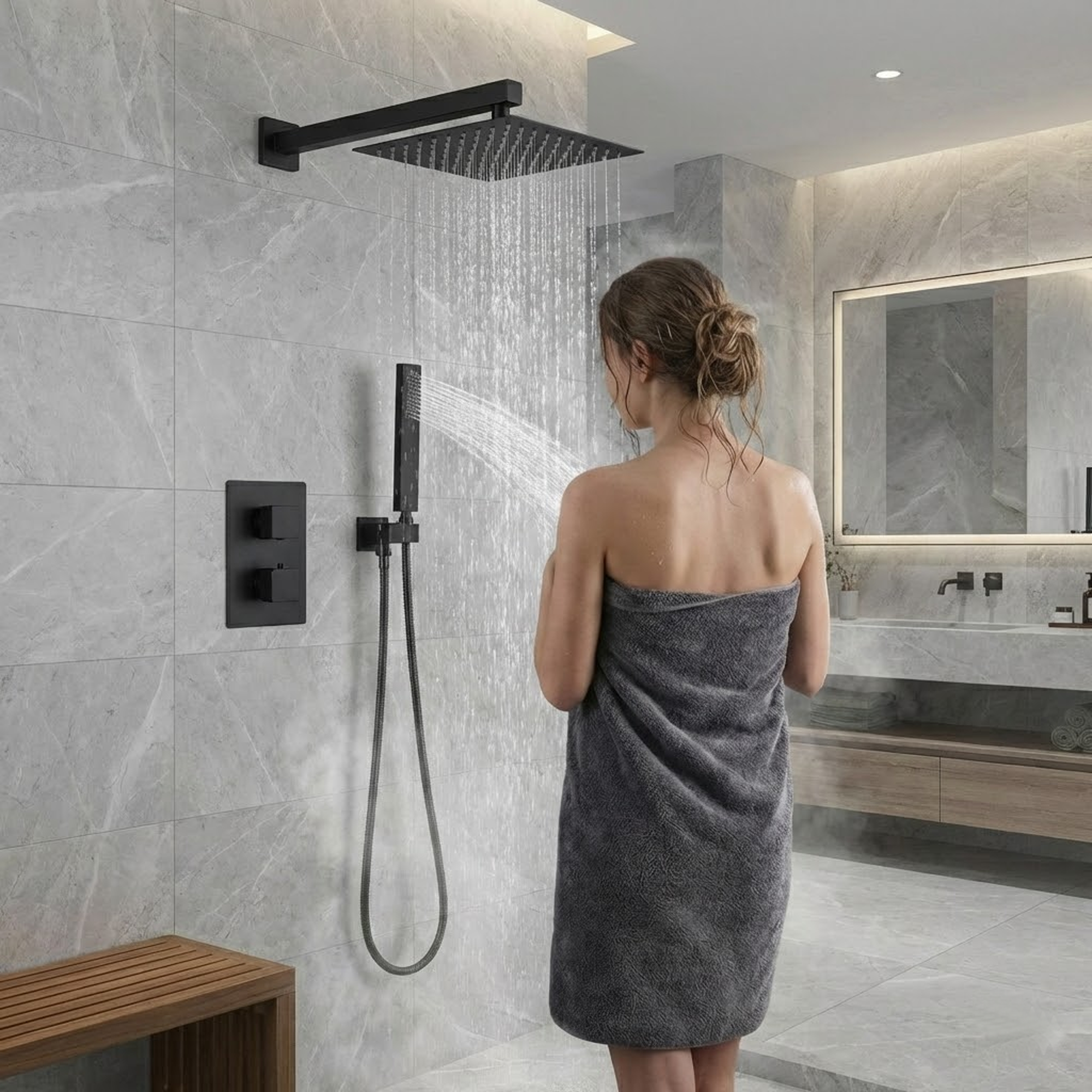 2-Way Square Concealed Thermostatic Mixer Shower Dual Dial, Twin Head – Black