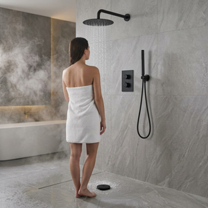 ARKO Round Concealed Thermostatic Shower Mixer 2 Dial Twin Head with Valve, Handset & Shower Waste – Black