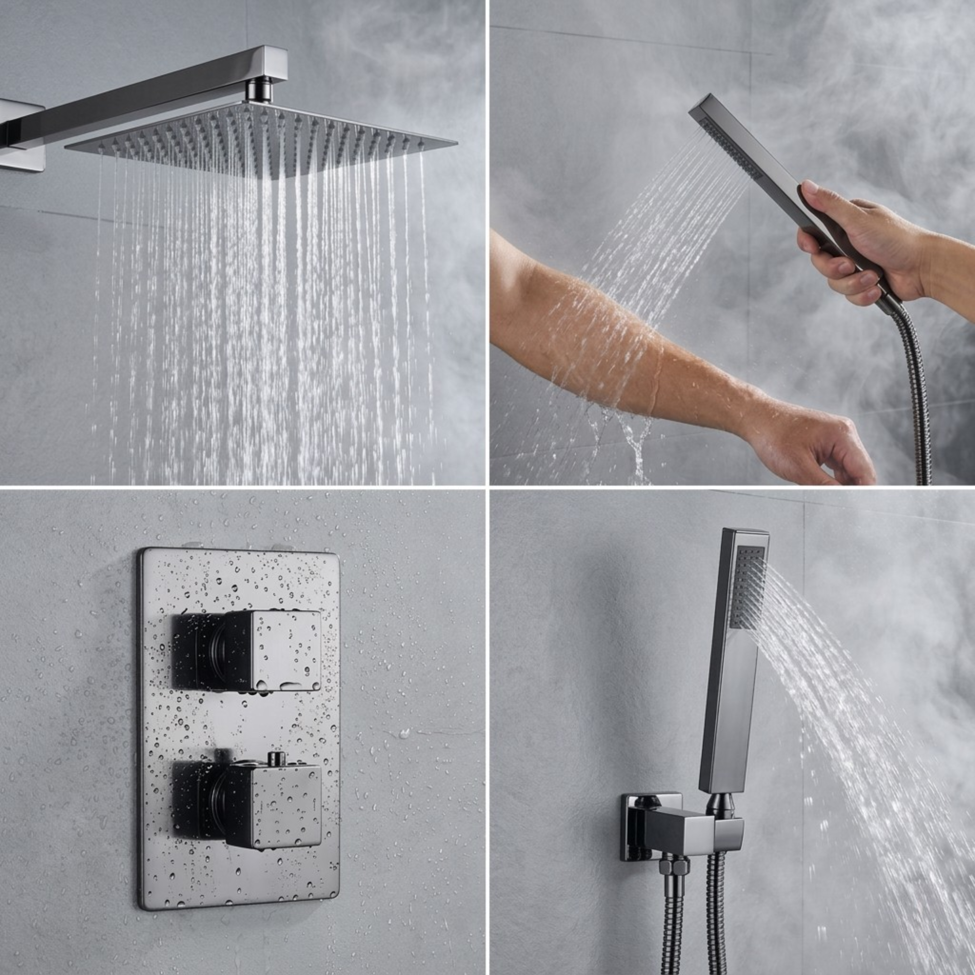 2-Way Square Concealed Thermostatic Mixer Shower Dual Dial, Twin Head – Gunmetal