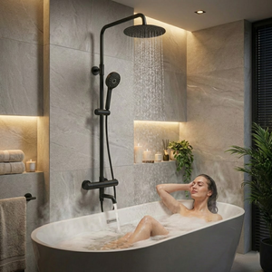 Modern Round Thermostatic Shower with Filler – Matt Black
