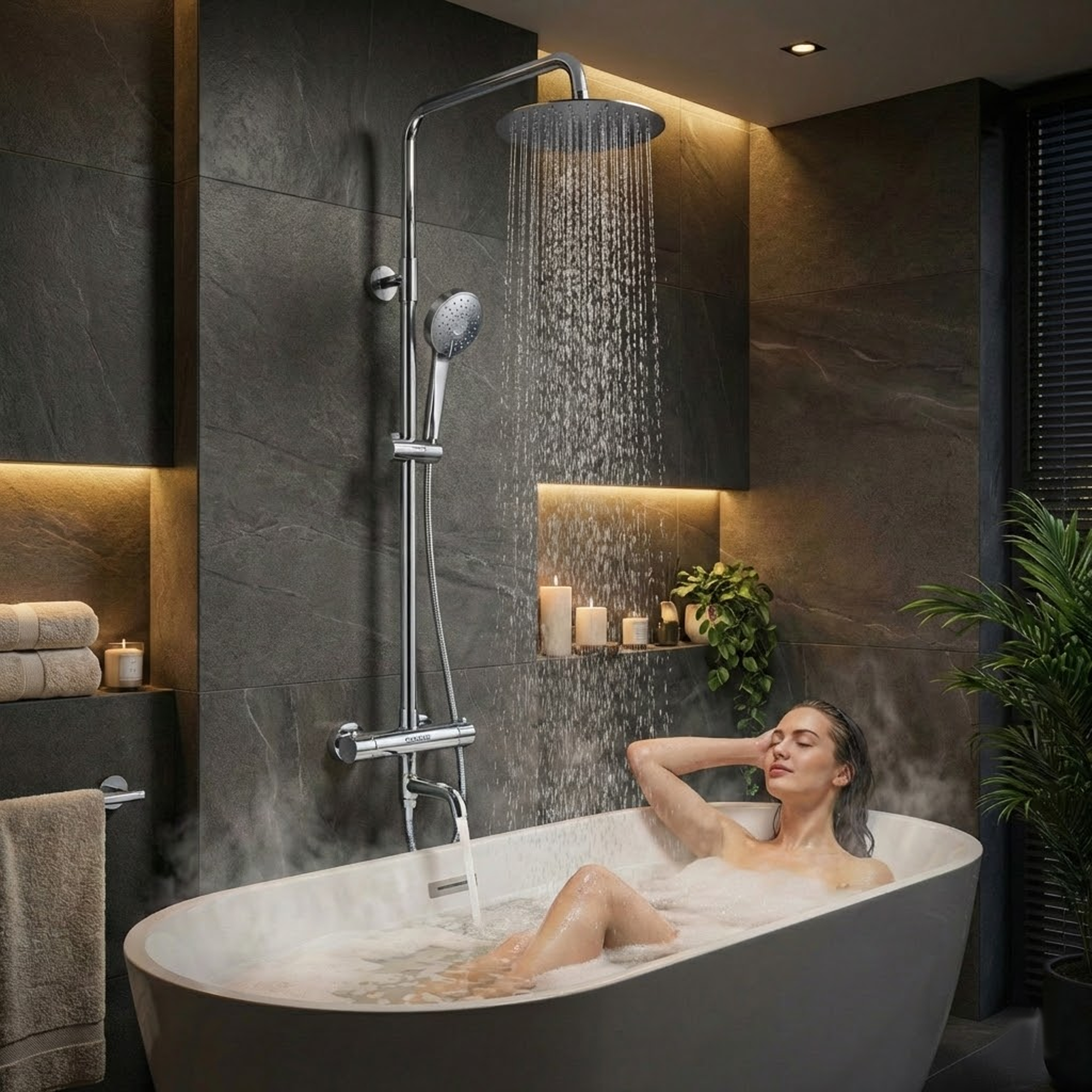 Modern Round Thermostatic Shower with Filler – Chrome