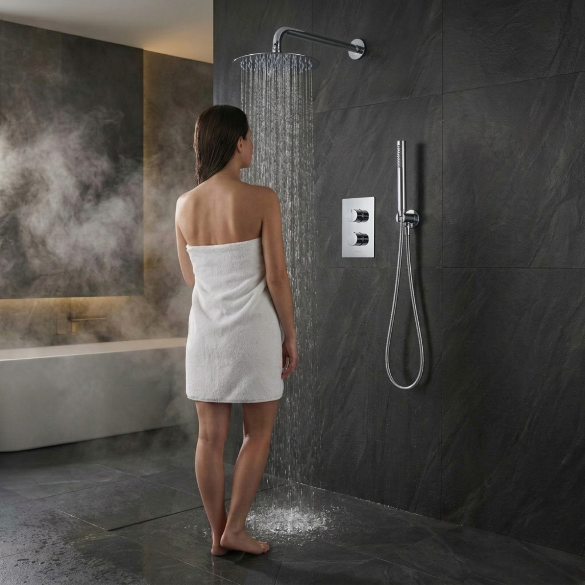 Round Concealed Thermostatic Shower Mixer 2 Dial Twin Head with Valve, Handset & Shower Waste – Chrome