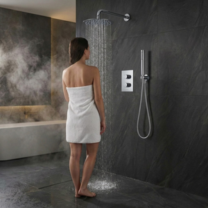 Round Concealed Thermostatic Shower Mixer 2 Dial Twin Head with Valve, Handset & Shower Waste – Chrome