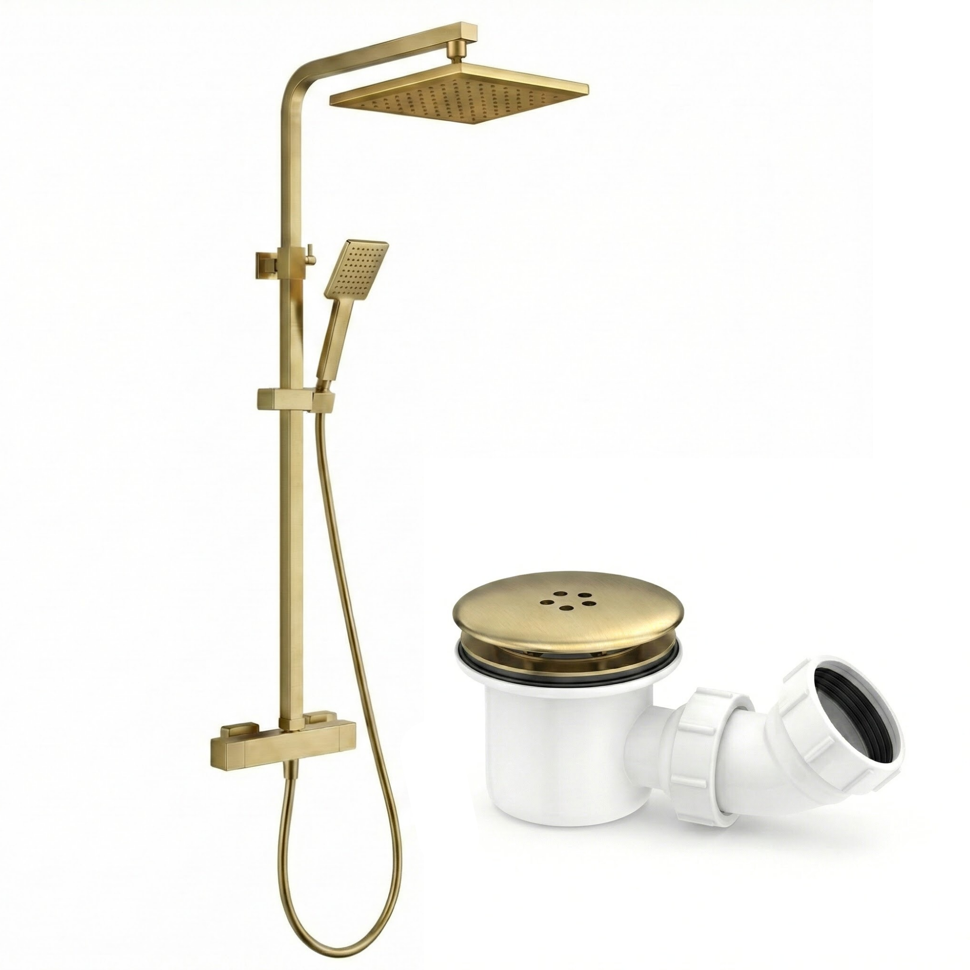 Bathroom Square Thermostatic Mixer Shower with Riser Rail, Shower Waste & Twin head - Brass