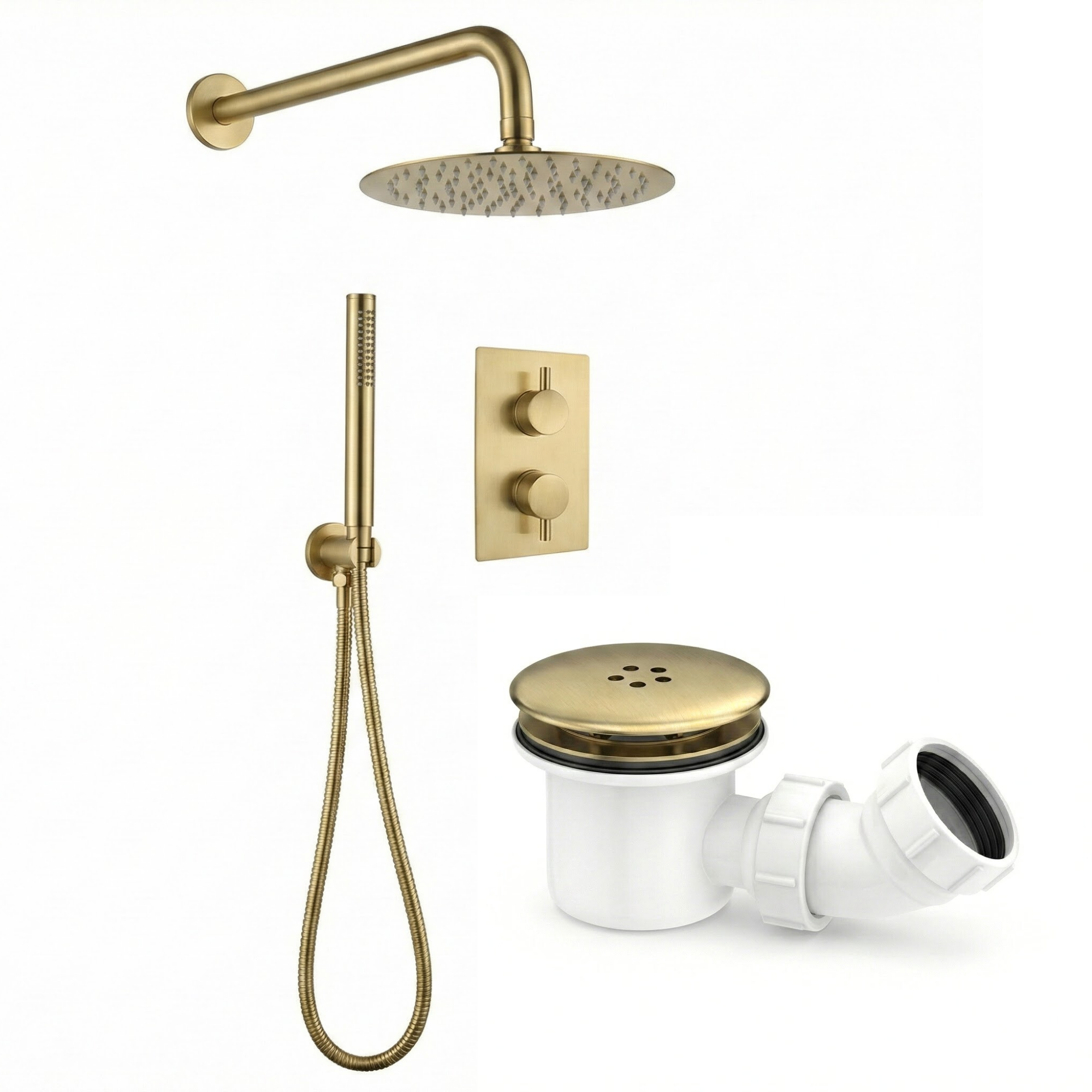 Round Concealed Thermostatic Shower Mixer 2 Dial Twin Head with Valve, Handset & Shower Waste – Brass