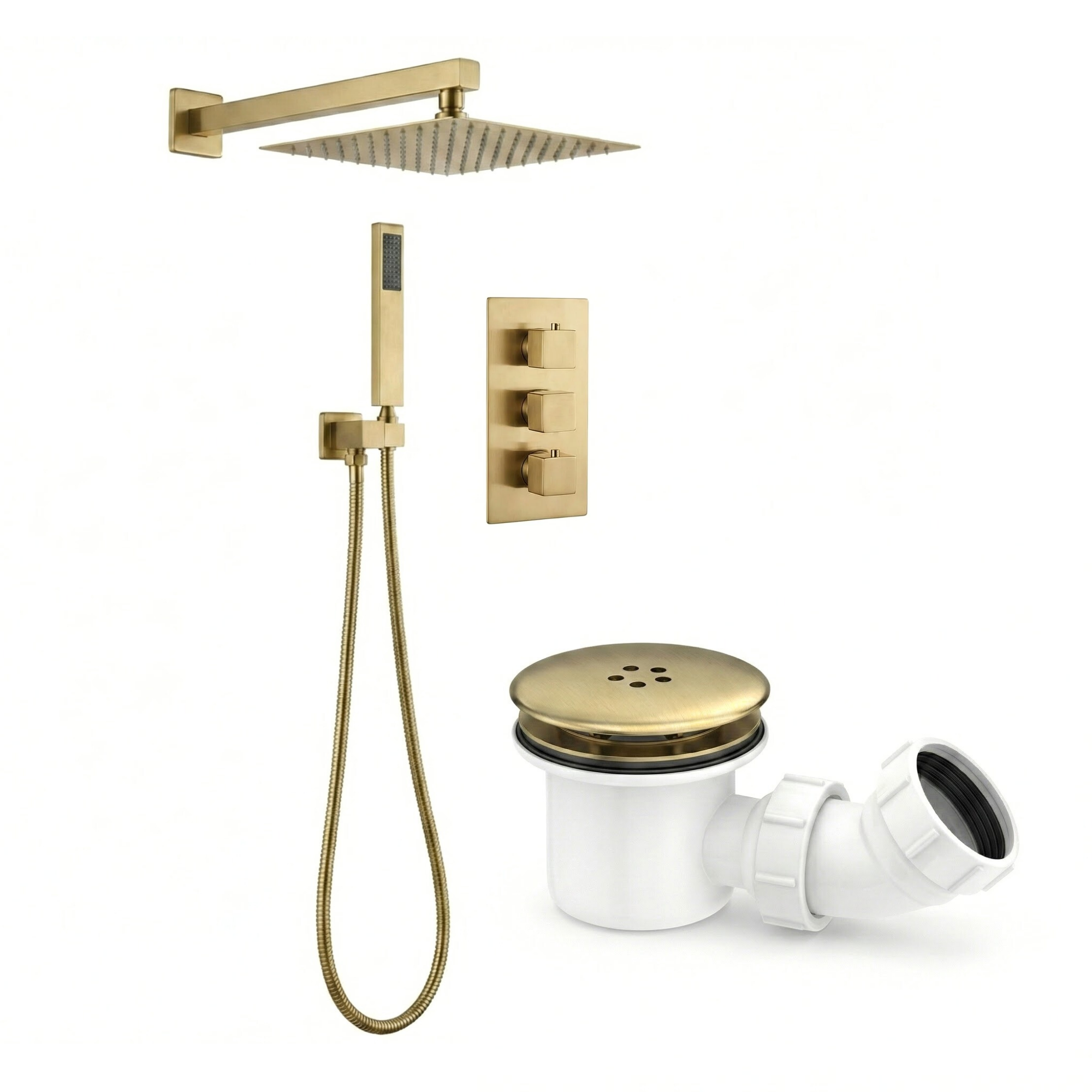 Square Concealed Thermostatic Shower Mixer 3 Dial Twin Head with Valve, Handset & Shower Waste – Brass