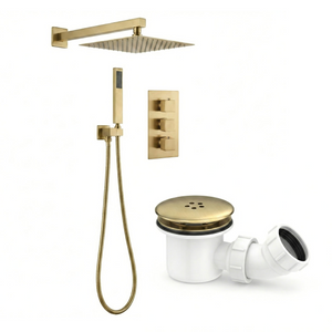 Square Concealed Thermostatic Shower Mixer 3 Dial Twin Head with Valve, Handset & Shower Waste – Brass