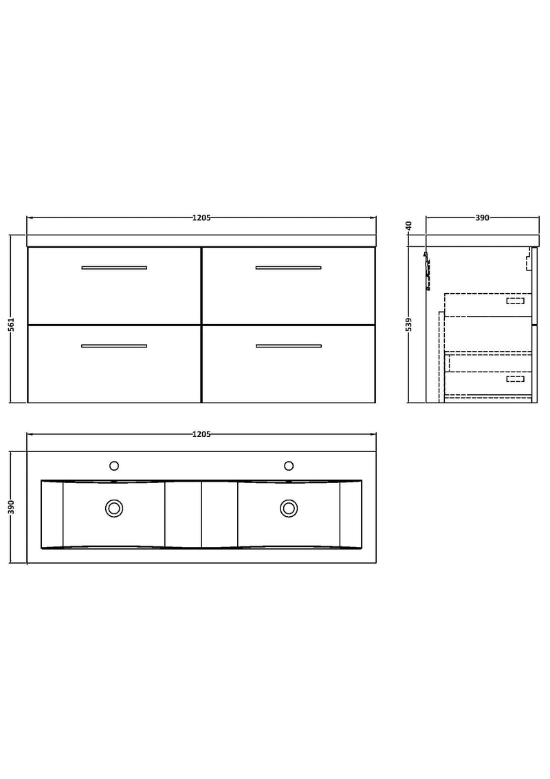1200mm Wall Hung 4-Drawer Vanity