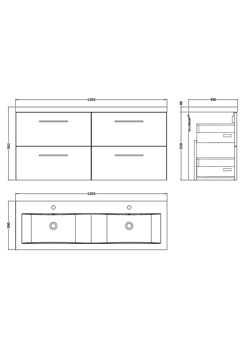1200mm Wall Hung 4-Drawer Vanity