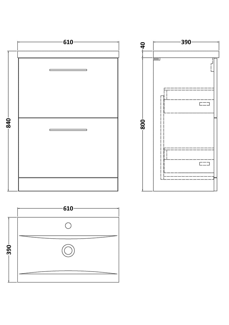 600mm Floor Standing 2-Drawer Vanity
