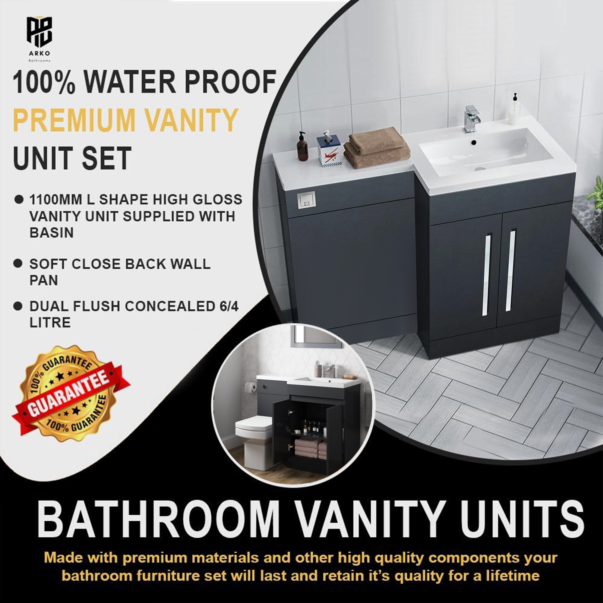Tana 1100mm Bathroom Vanity Unit Set Basin Sink Toilet WC Right Hand Furniture Storage - Anthracite