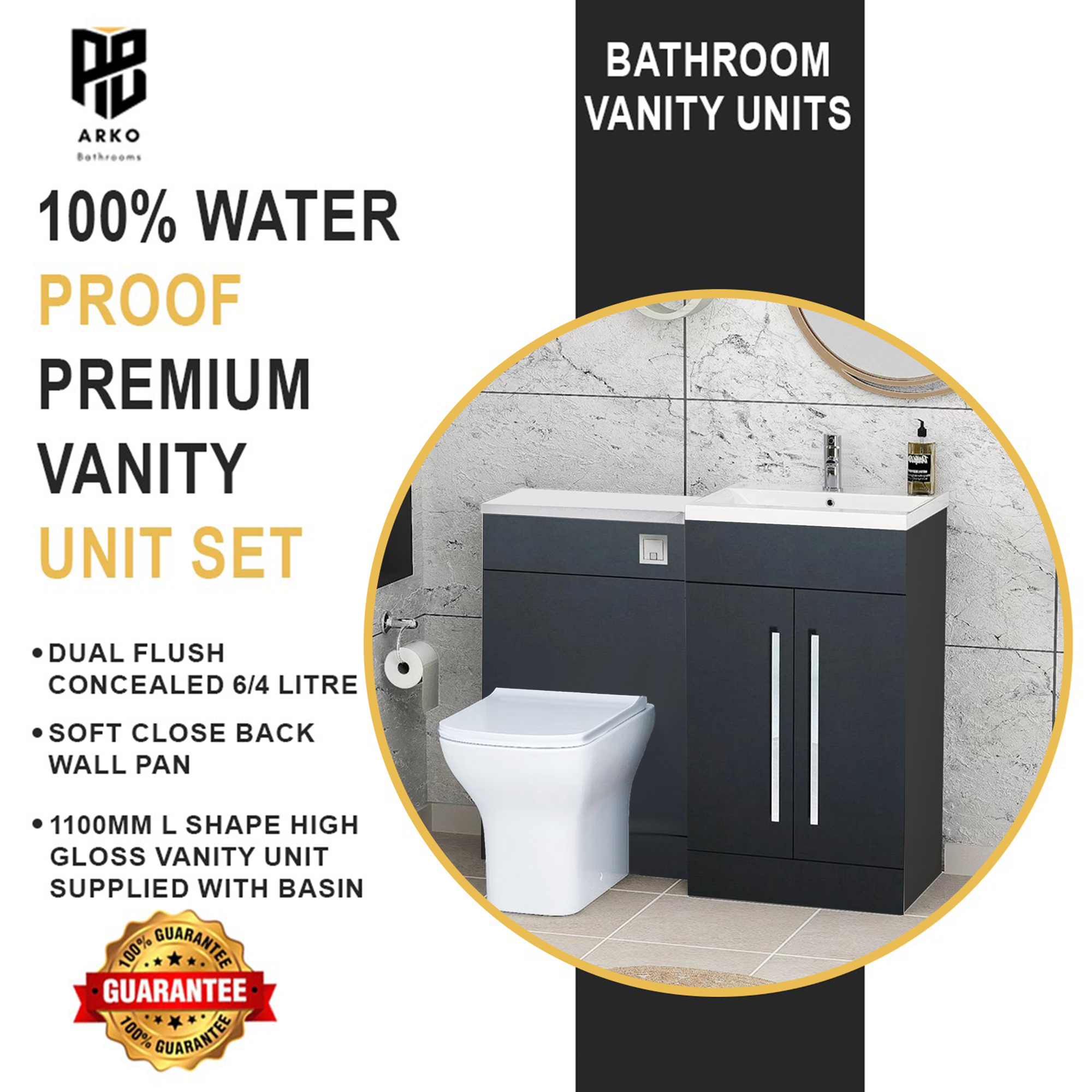 Tana 1100mm Bathroom Vanity Unit Set Basin Sink Toilet WC Right Hand Furniture Storage - Anthracite