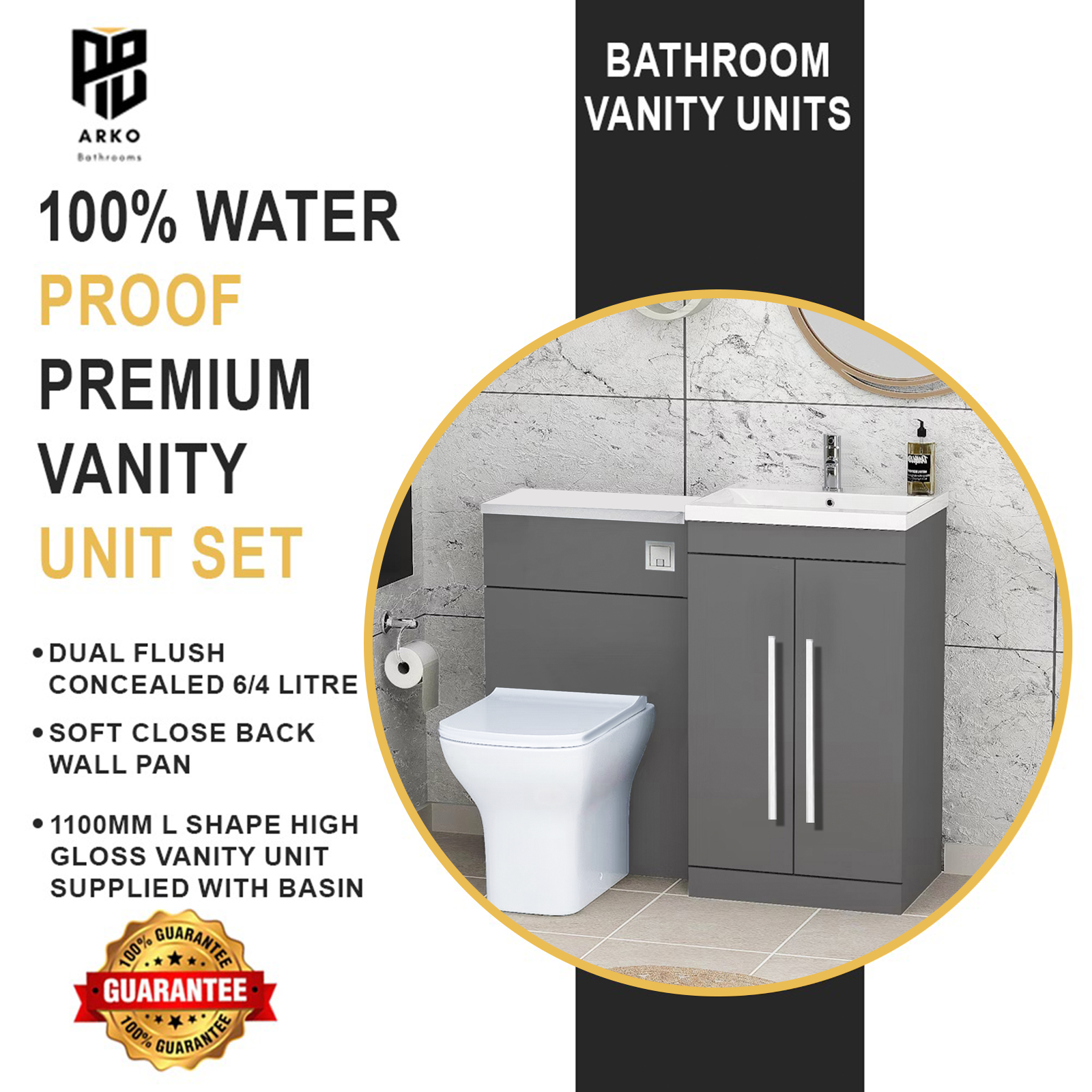 Tana 1100mm Bathroom Vanity Unit Set Basin Sink Toilet WC Right Hand Furniture Storage - Grey