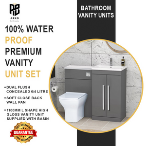 Tana 1100mm Bathroom Vanity Unit Set Basin Sink Toilet WC Right Hand Furniture Storage - Grey