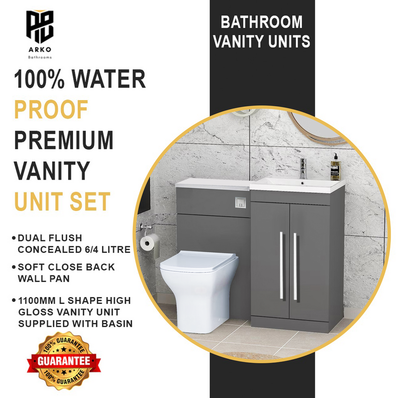 Tana 1100mm Bathroom Vanity Unit Set Basin Sink Toilet WC Right Hand Furniture Storage - Grey