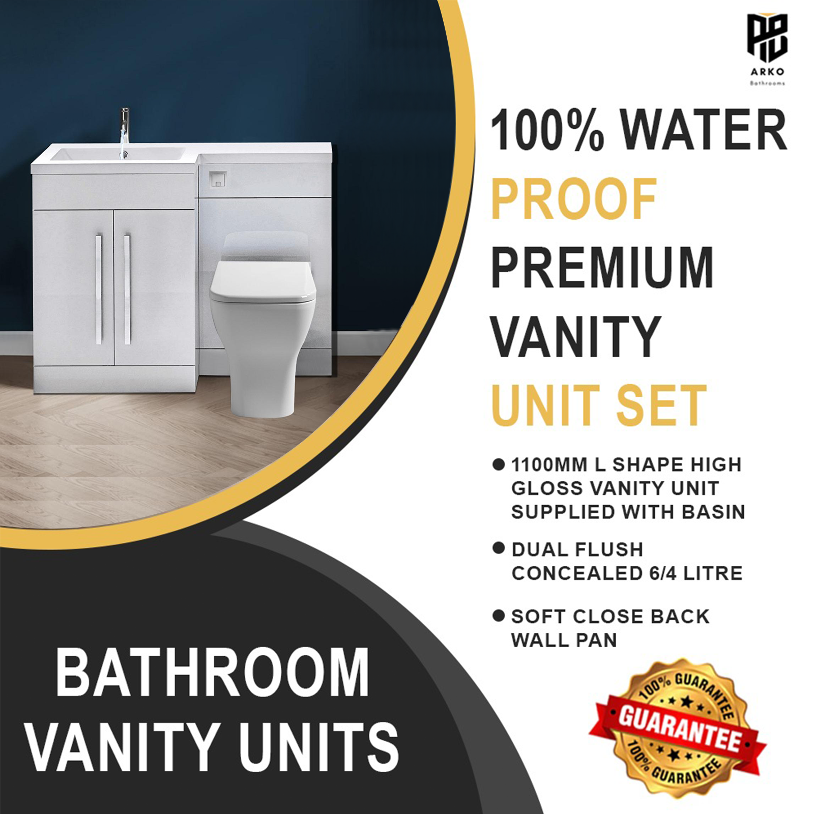 Tana 1100mm Bathroom Vanity Unit Set Basin Sink Toilet WC Right Hand Furniture Storage - White