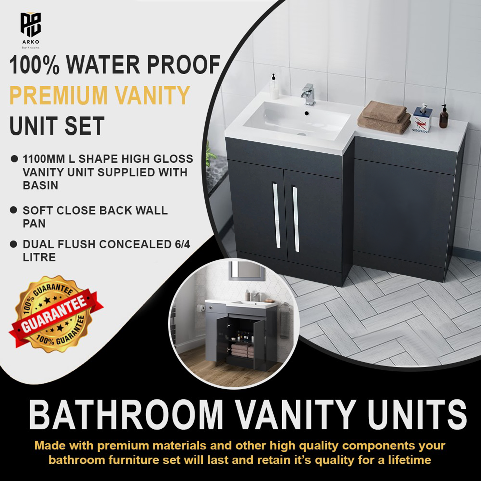 Tana 1100mm Bathroom Vanity Unit Set Basin Sink Toilet WC Right Hand Furniture Storage - Anthracite