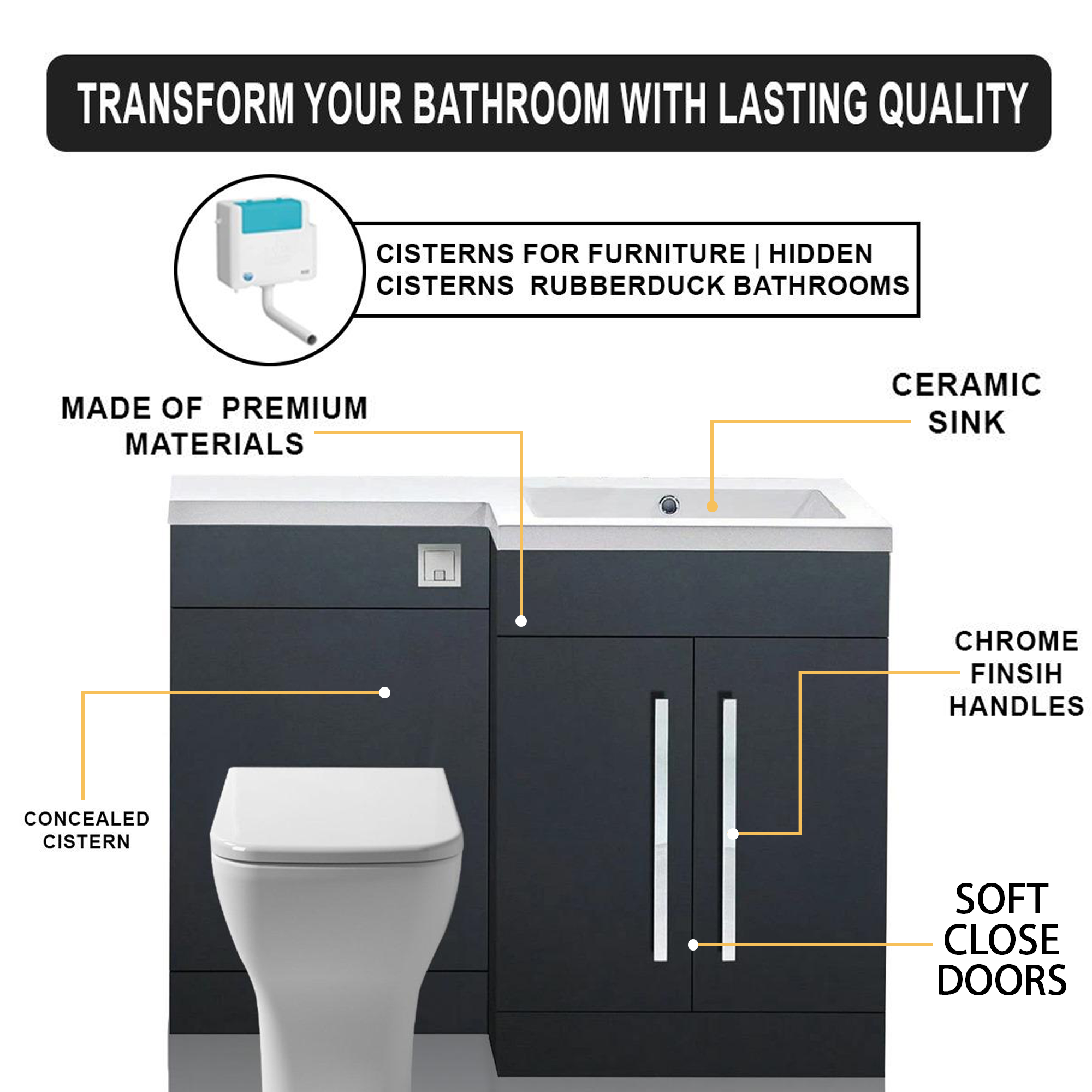 Tana 1100mm Bathroom Vanity Unit Set Basin Sink Toilet WC Right Hand Furniture Storage - Anthracite
