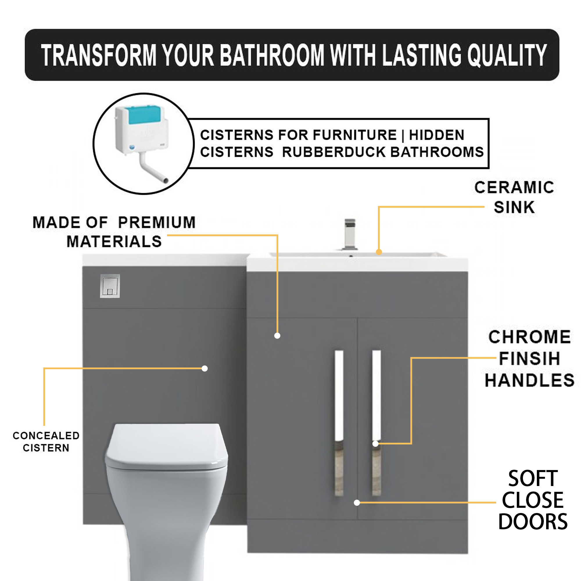 Tana 1100mm Bathroom Vanity Unit Set Basin Sink Toilet WC Right Hand Furniture Storage - Grey