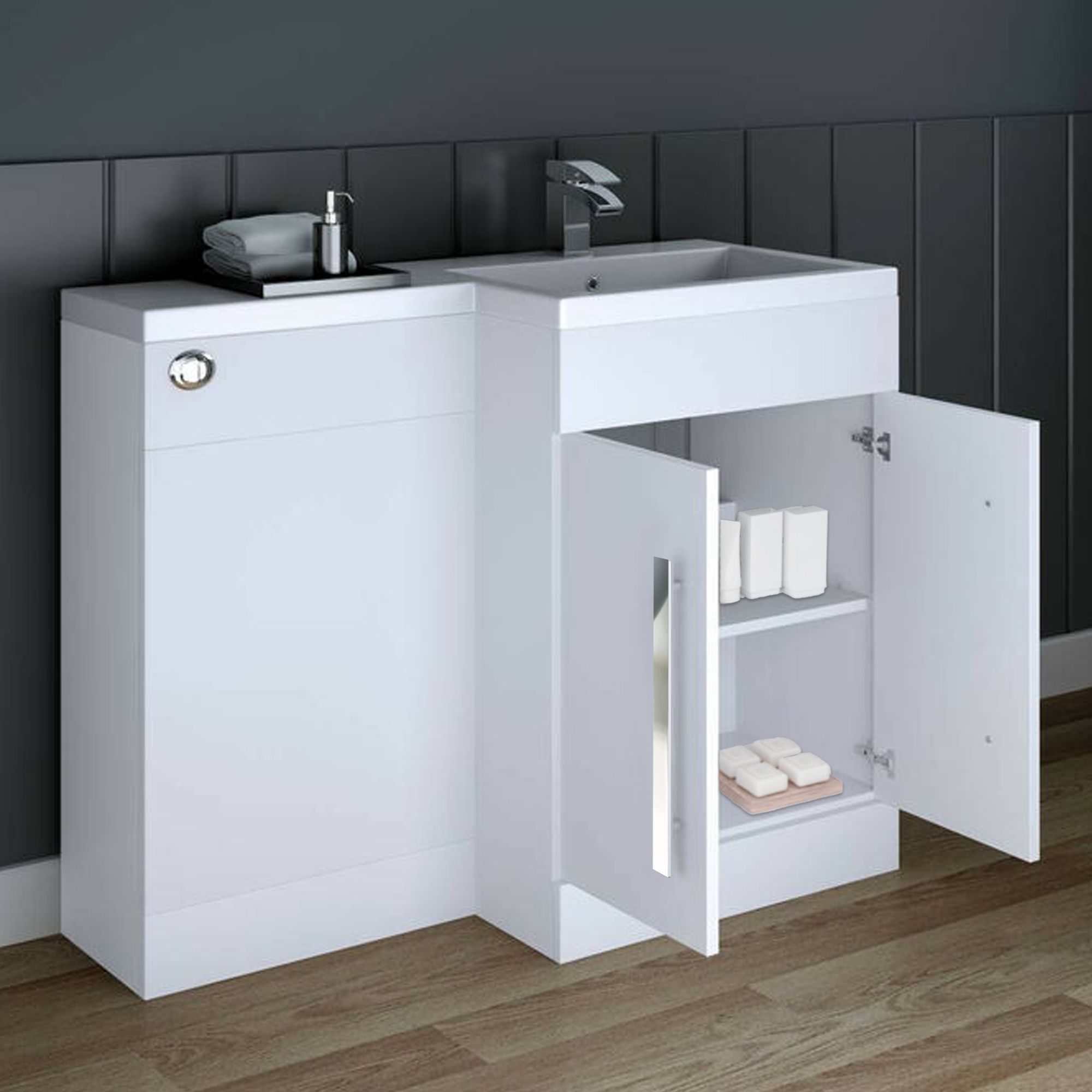 Tana 1100mm Bathroom Vanity Unit Set Basin Sink Toilet WC Right Hand Furniture Storage - White